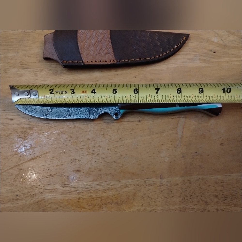 New Mens Damascus Steel Blade Knife with Leather Sheath - Picture 6 of 9